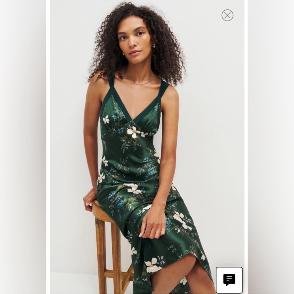 Reformation Green Flower Silk Dress - Picture 2 of 6